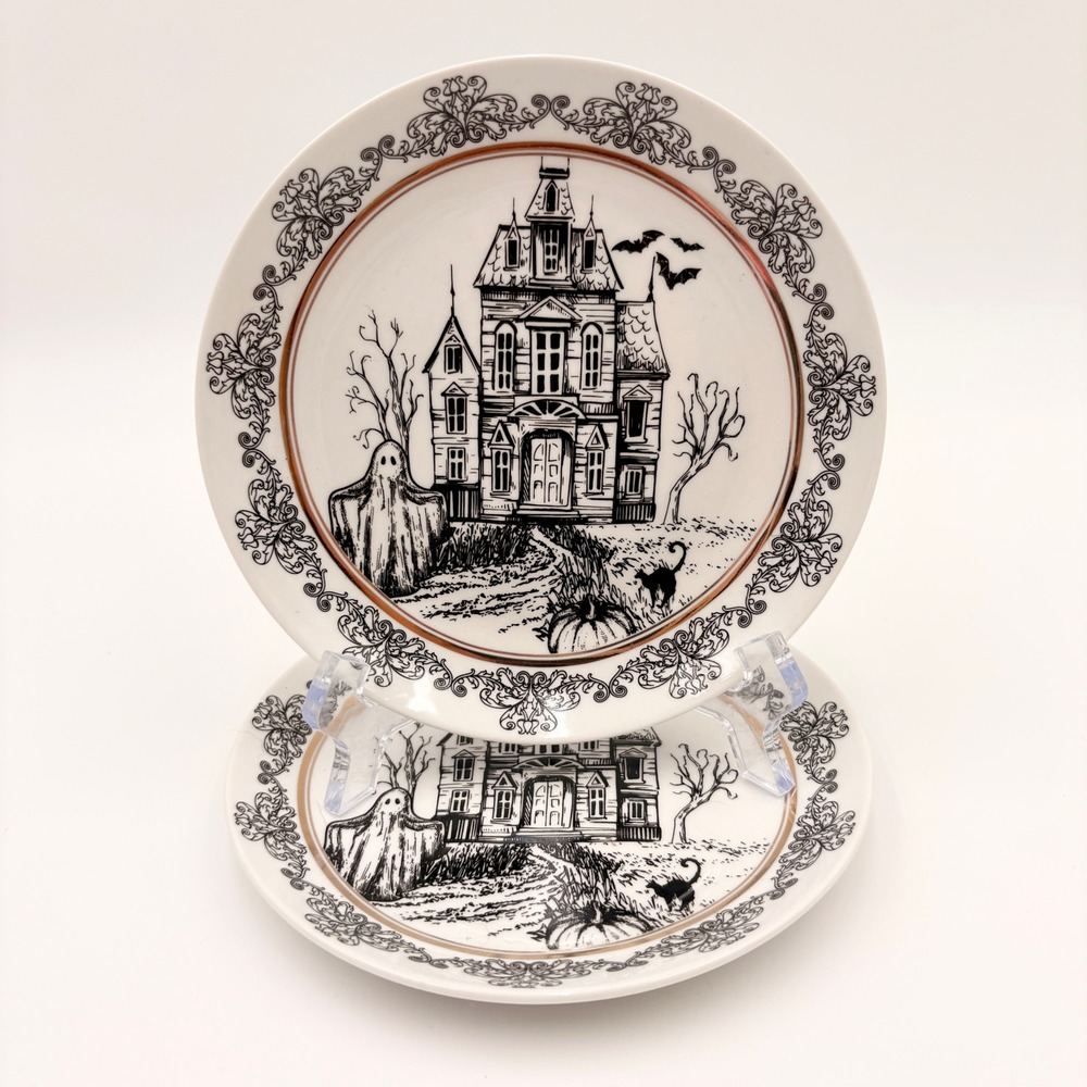 10 Strawberry Street Halloween Haunted House Ghost Plates Gold Rim Set of 2